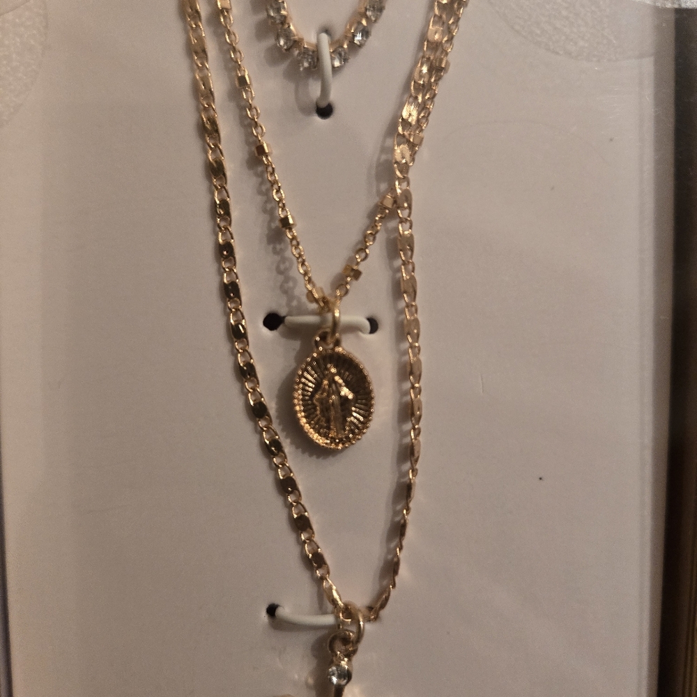 nOir Jewelry Necklace Earring Set Gold Layered Cross Chain Rosary Rhinestone - Picture 5 of 6